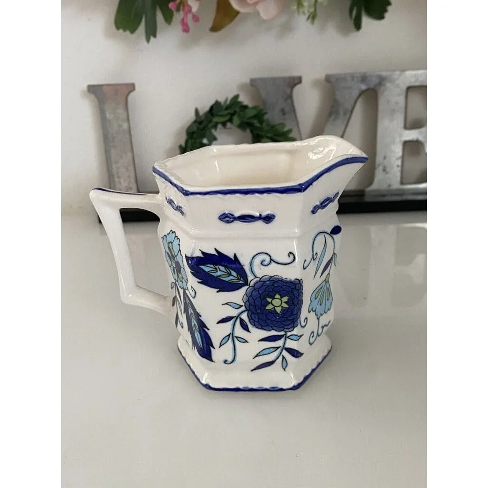 Vintage Ironstone Mann Import Blue Heirloom Hand Painted Floral Creamer 4